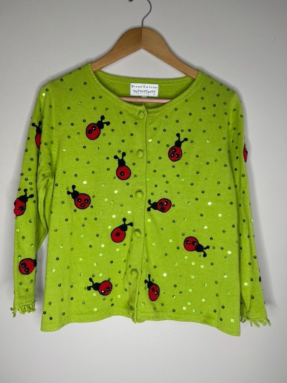 Vintage Dream Catcher Ladybug Sequin Kawaii Cardigan Sweater Size M